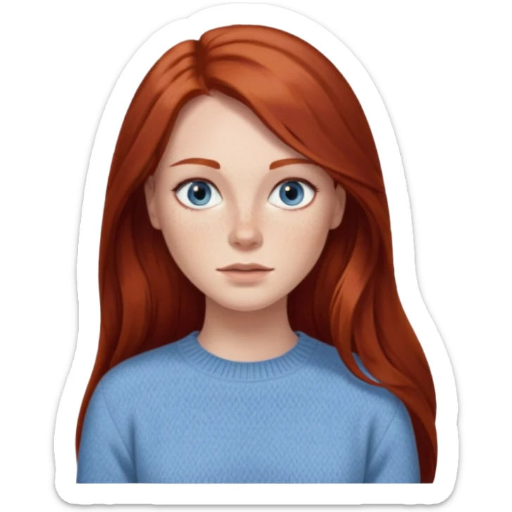 woman with long dark auburn red hair that is mostly straight but has slight waves to it. grey blue eyes. some freckles. wearing a Swedish style sweater that is neutral. the image on the right is closer sticker