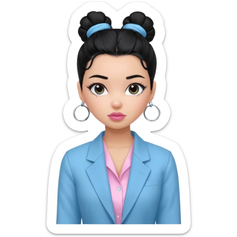 generate a pretty bratz girl with black hair tied up in a bun. wearing a light blue full sleeve shirt and a black blazer over it. silver small hoops, pink lipgloss.  sticker