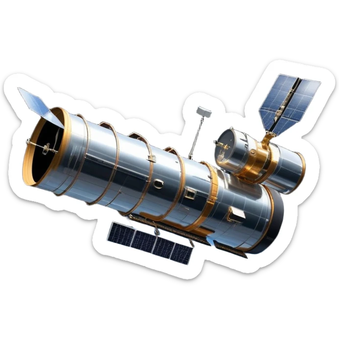 cinematic-realistic-hubble-space-telescope-emoji, an awe-inspiring, ultra-detailed depiction of the Hubble Space Telescope floating in space, its large, reflective metallic surface gleaming against the backdrop of the infinite blackness. The telescope's vast solar panels extend outwards, catching the light from distant stars, while its intricate, cylindrical body showcases advanced, precise engineering. The telescope's large, hexagonal lens is pointed towards the cosmos, surrounded by mechanical components, wires, and sensors. The detailed textures of the telescope’s metallic exterior, the shiny reflective coating, and the intricate grid-like solar panels are sharply contrasted against the void of space, with distant stars and nebulae faintly visible in the background, adding to the sense of scale and te sticker