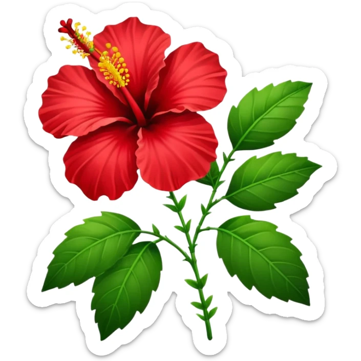 Hibiscus with a stem and many leaves in the style of Apple emojis sticker