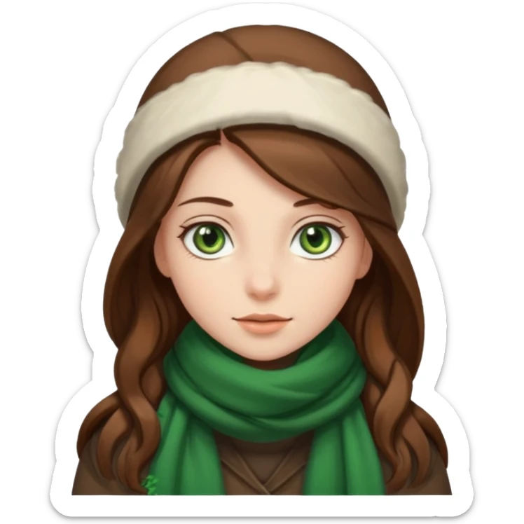 Girl green eyes brown long hair with brown-white winter clothes  sticker