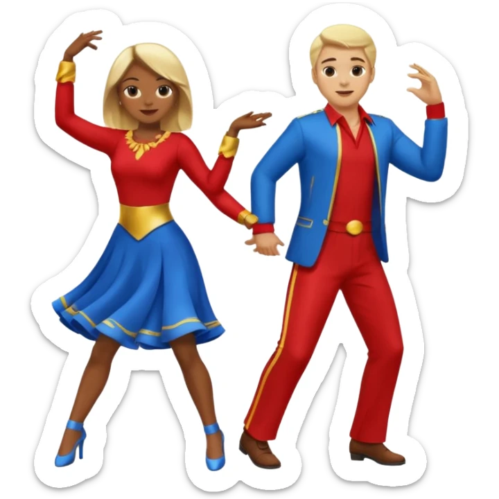 Two people dancing. A man wearing red with light skin and blonde hair. A women wearing bue with dark skin and brown hair. sticker