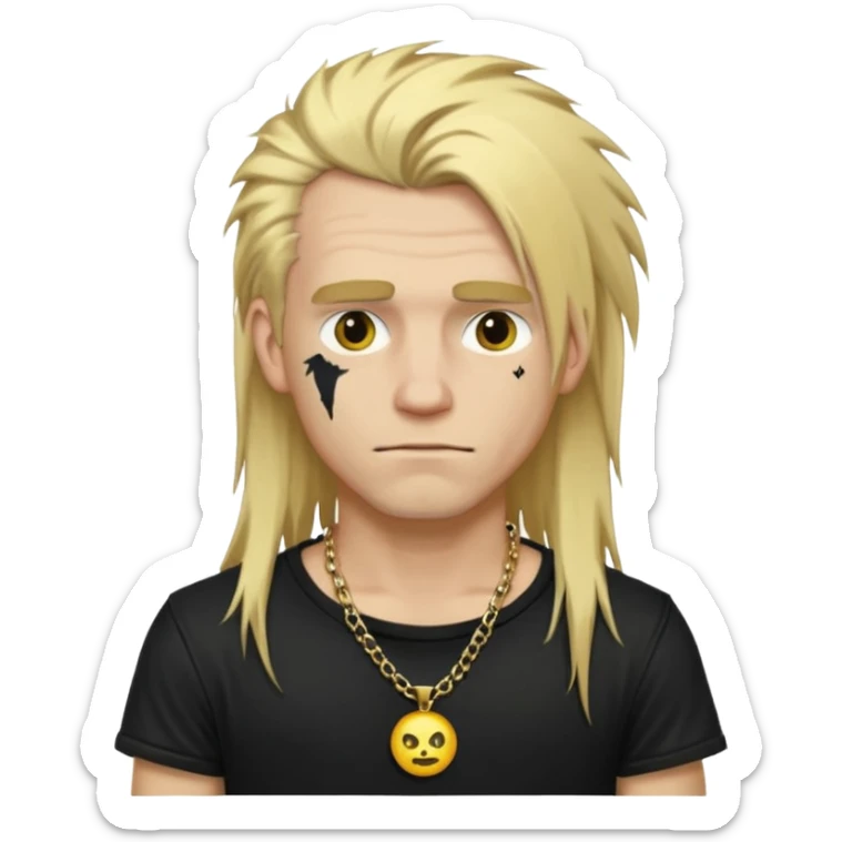 make a iphone emoji who is a white man that looks punk with messy blonde long hair with a black punk shirt and a golden neckless sticker