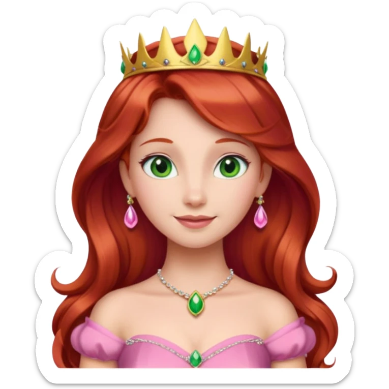 Aurora princess, classic fairytale style, red hair, pink gown, gentle smile, green amber eyes, emoji style sticker