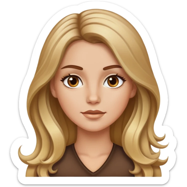 White girl with long voluminous brown hair with blonde highlights bronze sticker