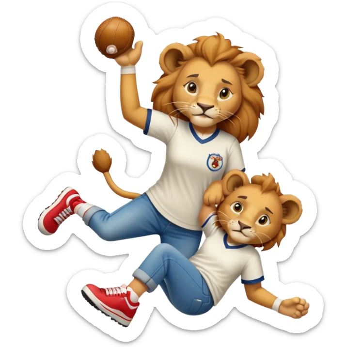 confident anthropomorphised female lion wearing a baseball shirt, jeans, and trainers, helping someone up after a fall, showing kindness sticker