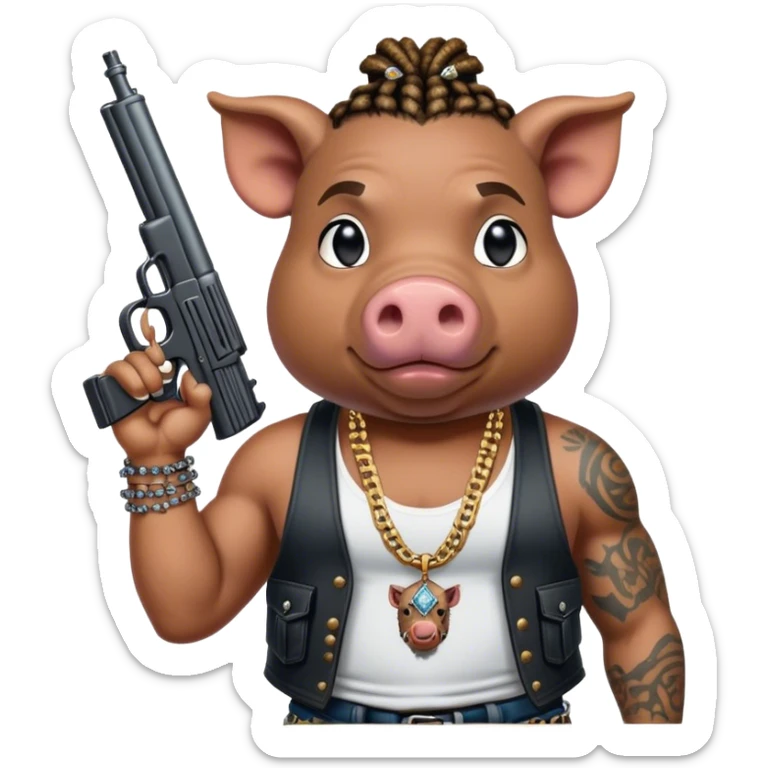 african-american race pig with dreads looking gangster with gun and tank top, with diamond blinging chain, with tattoos sticker