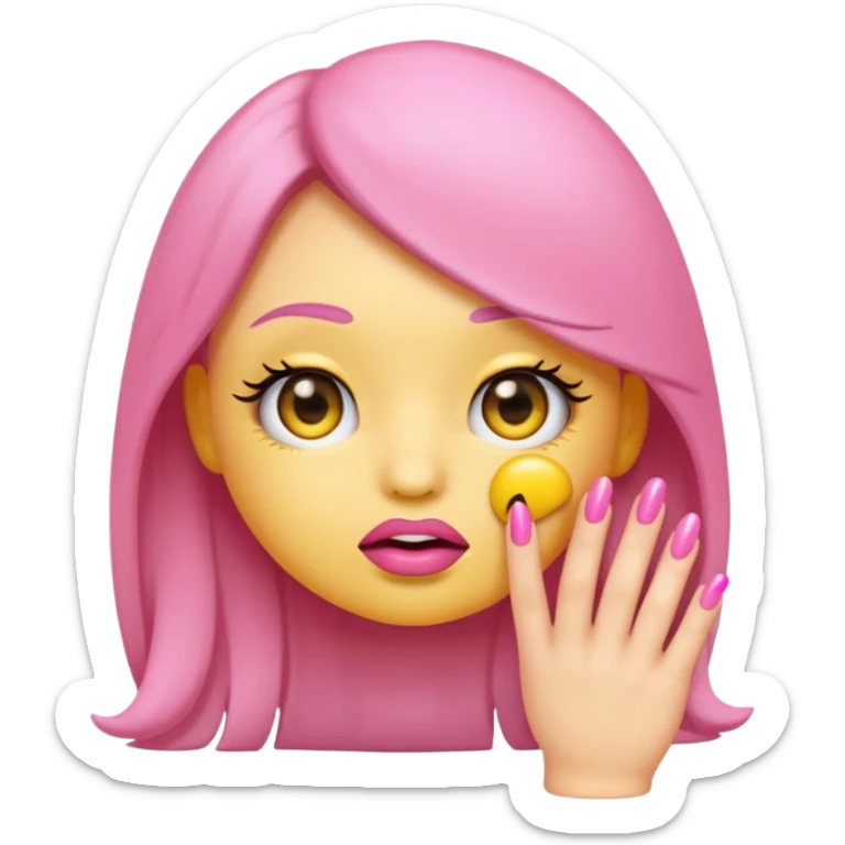 Cute shy emoji with long lashes, big pouty lips, pink nails, black background, same style as original emoji, not human sticker