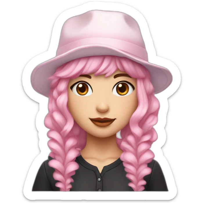 •	Pale pink hair 	•	Youthful facial features 	•	Casquette hat with frills 	•	Dress with lots of frills sticker