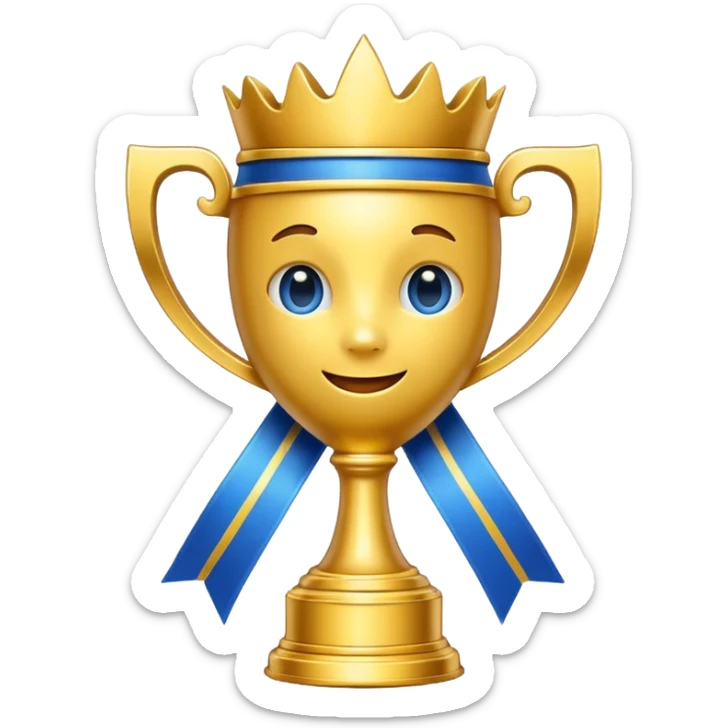cute emoji style golden trophy with blue ribbons, shiny metal, gaming vibe, bold thick outline, vibrant colors, transparent background, 1:1 sticker