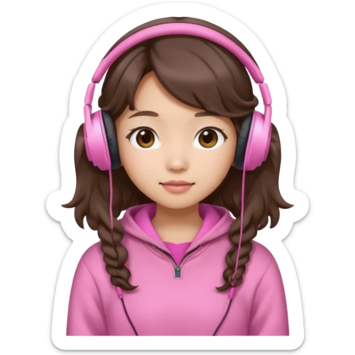 a asian japanese girl with wavy silky brown hair and no bangs. she has a cute pink gaming headphones. she is wearing a cute pink sweater  sticker