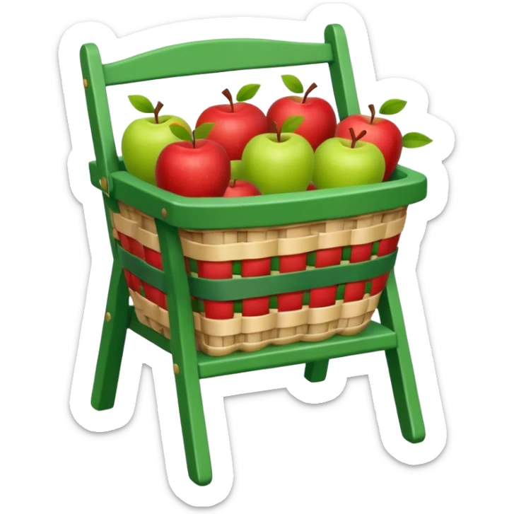 woven basket with apples on a white wooden chair. The basket is lined with checkered cloth, green sticker