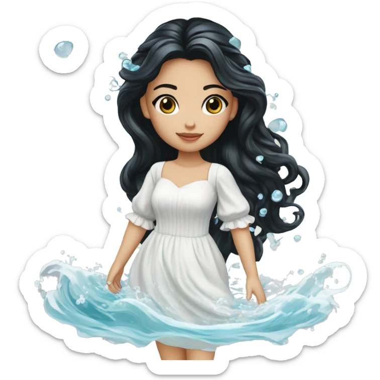 Pretty young Lady doll posing posed pose with long black hair flowers in hair white dress surrounded by flowing water water swirls waves sticker
