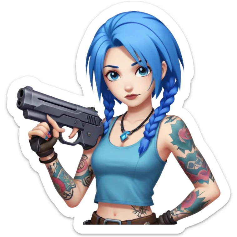 Jinx from League of Legends with blue hair and tattoos, holding guns sticker