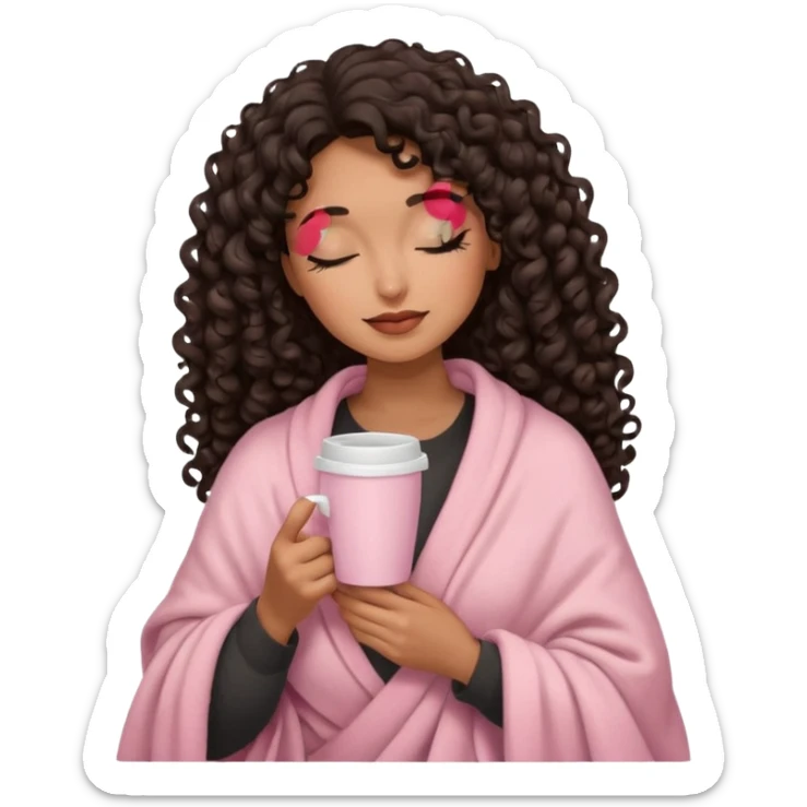 hispanic woman, brown skin, black long 3b curls, closed eyes, feminine face, holding soft pink coffee cup with beige blanket over shoulders sticker