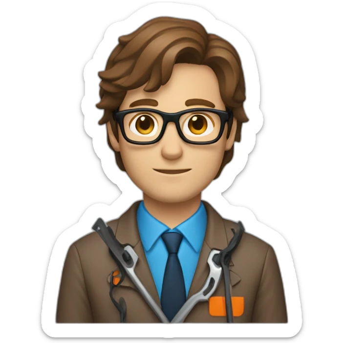 a guy with brown hair, square glasses, an orange repairman's suit, blue eyes, with a chainsaw sticker