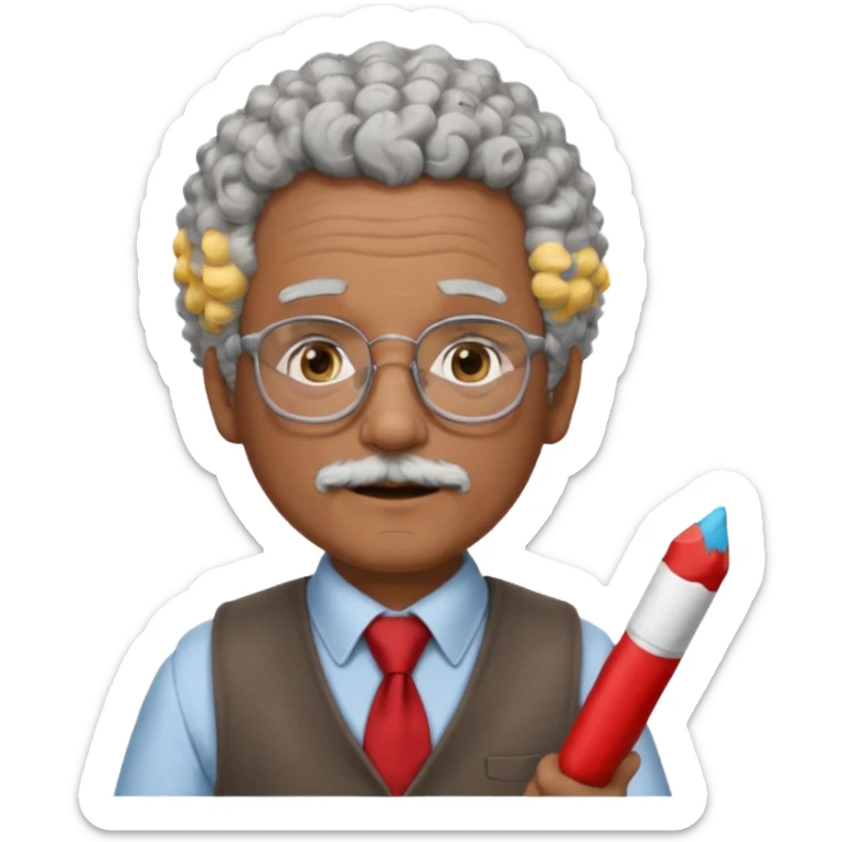 old man teacher, brown skin, curly grey white hai, wearing glasses, brown vest, red tie hold chalk on hand sticker