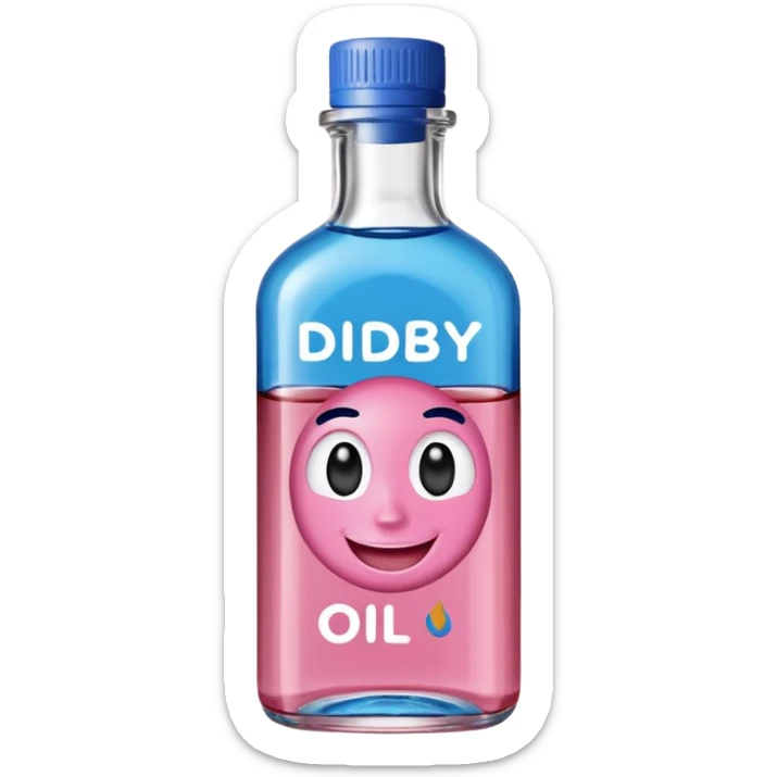 Smiling bottle of oil blue top pink outside with logo that says diddy oil sticker