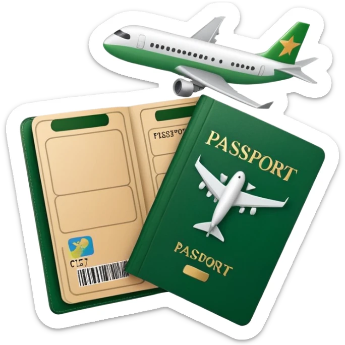 passport with airplane tickets sticking out, Apple emoji style, colors #173e12 and #c1a793, no text, simple shapes, minimalist sticker