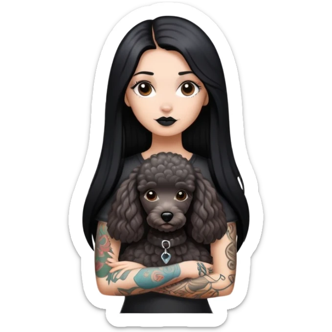 girl with long black  straight hair and tattoos and a  silver Yorkshire and a brown poodle sticker
