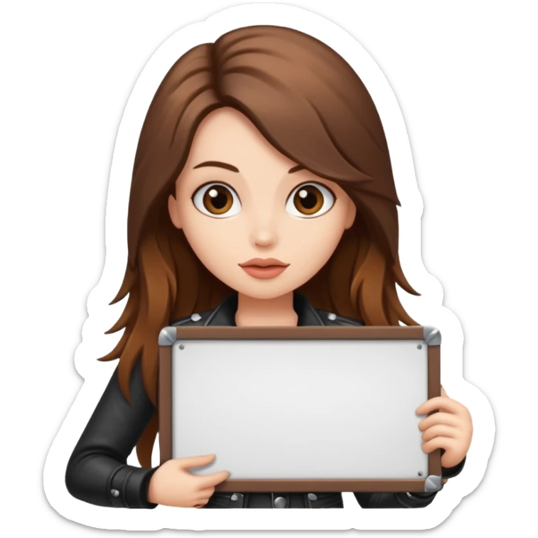 A fair skin rocker chick with long brown hair holding a large blank sign sticker