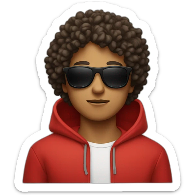 Square-jawed boy with curly hair and black sunglasses and red hoodie sticker