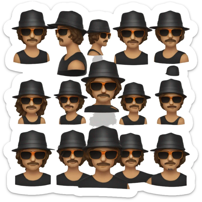 guy with shoulder length long brown hair and a mustache and a black bucket hat and black sunglasses with mirrored orange lenses sticker