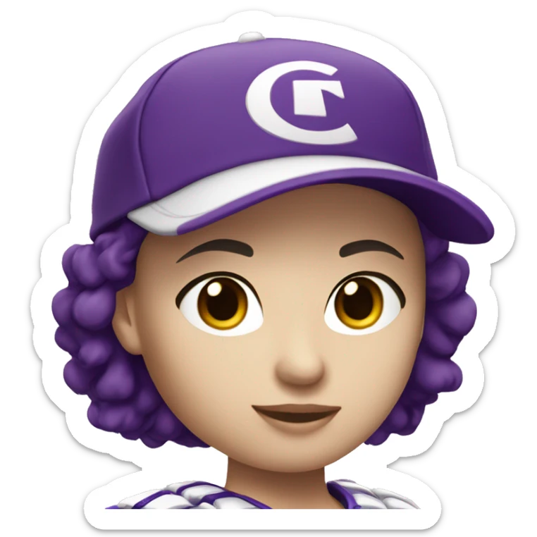 baseball card character. white female. short brunette hair. letter C logo. Purple and white uniform.  sticker