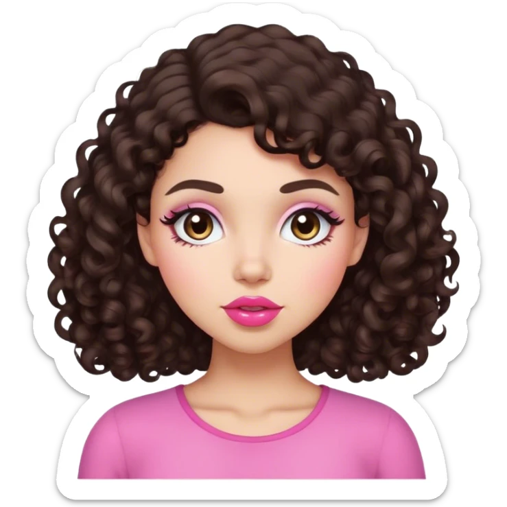 girl with daark brown curly hair light to place skin medium sized pink lips curved eyebrows blush and a buttchin sticker