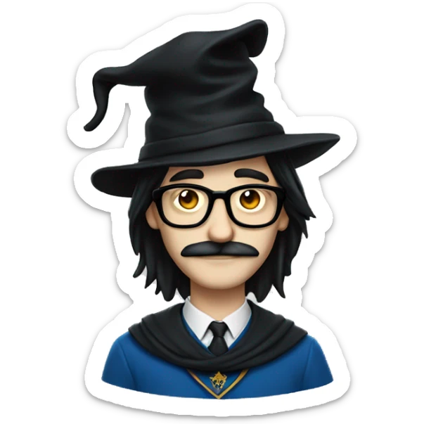man with white skin, black longer hair, mustache, glasses, with a magic hat, ravenclaw sticker