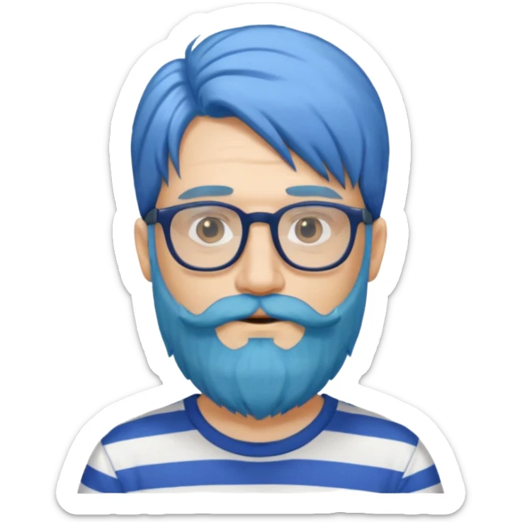 man with long blue hair, glasses, and a long beard and wearing a striped t-shirt sticker