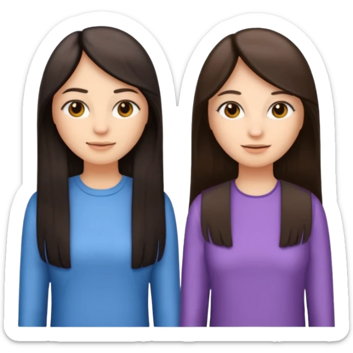 generate me emojis of sisters, one should look older, the other younger. the older one has dark brown hair, long, straight, the younger one is slightly lighter, also straight, long. clothes are any in principle, the main thing is that they more or less look like each other sticker