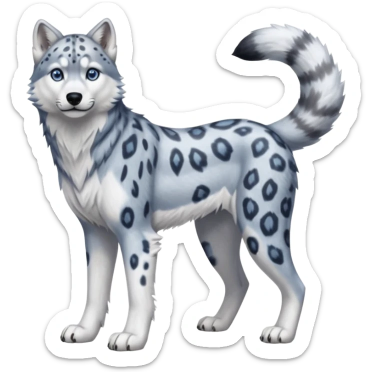 Realistic lanky natural feral beautiful pretty "Schnolf"-"TaniDaReal"-Husky-Snow-leopard-wolf-hybrid-fusion-animal-creature, full body sticker