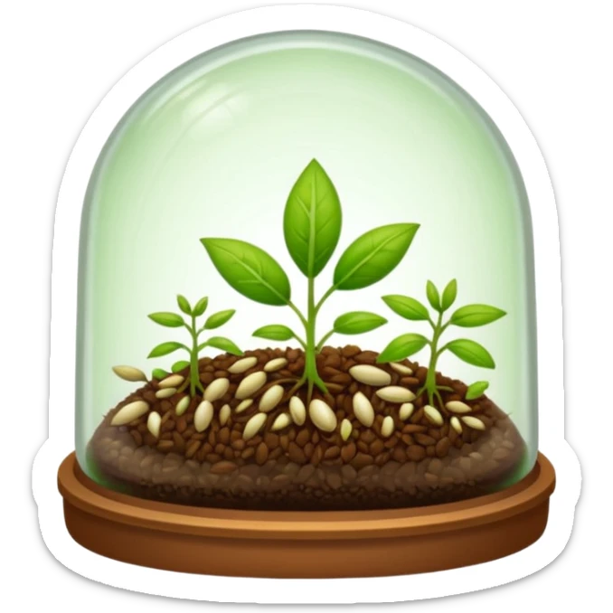 a pile of seeds at the right side and a germinating seed under a glass dome near . Transparent background sticker