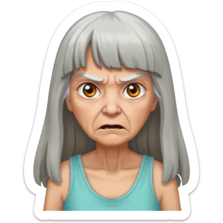 Angry old woman with long gray hair and bangs and scary eyes in a sundress sticker