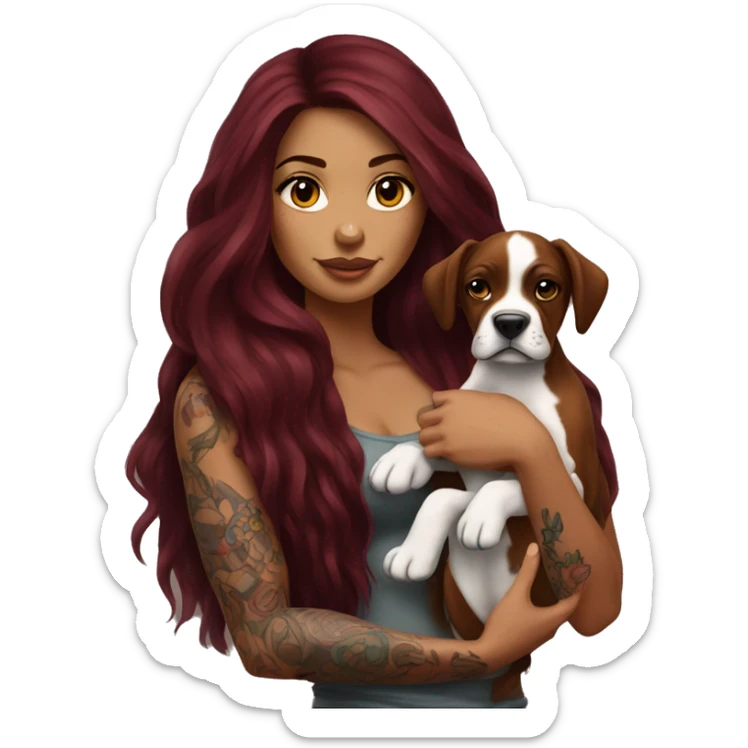 Beautiful tattooed  burgundy long haired woman holding a boxer puppy sticker