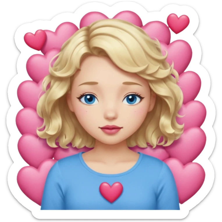 Girl Blonde short wavy hair,  blue eyes, cute blue top, long lashes, pink lips, sleeping eyes closed, hearts floating  sticker
