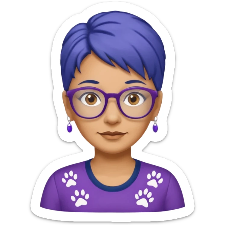 50-year-old woman with hair that is navy blue, purple glasses, and brown eyes, in a shirt with small pawprints all over it. sticker