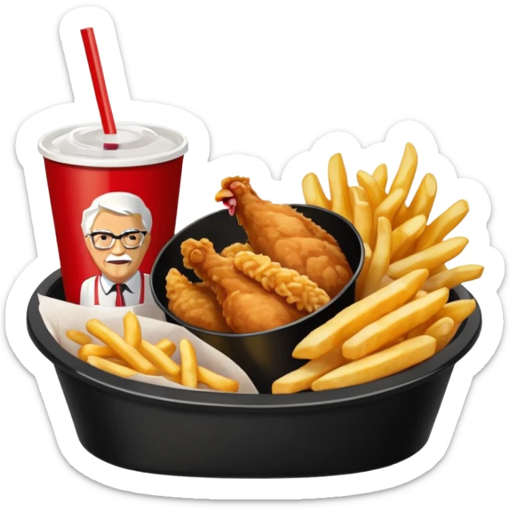 Plateau rouge de fast food avec dessus une bucket de poulet KFC des frite et un coca sticker