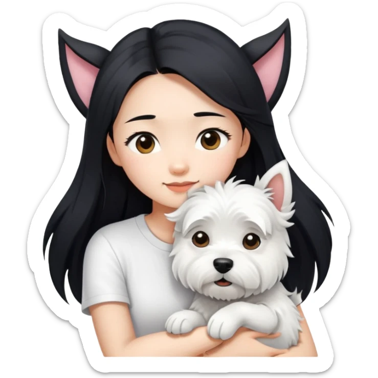 An Asain girl with long black hair to her wearing a white tight tshirt, she is hugging a west highland terrier with big ears  sticker