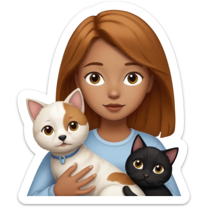 Girl with light brown hair, a few miles on her face, holding a white dog and a black cat  sticker