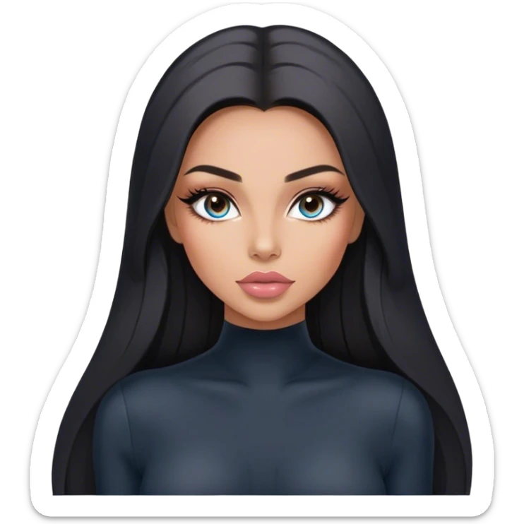 Glamours, tanned, very beautiful girl, with big pump peach-beige-rose lips, long long lashes, black straight smooth silky long hair, straight parting hair, blue-grey eyes in black long-sleeves bodysuit sticker