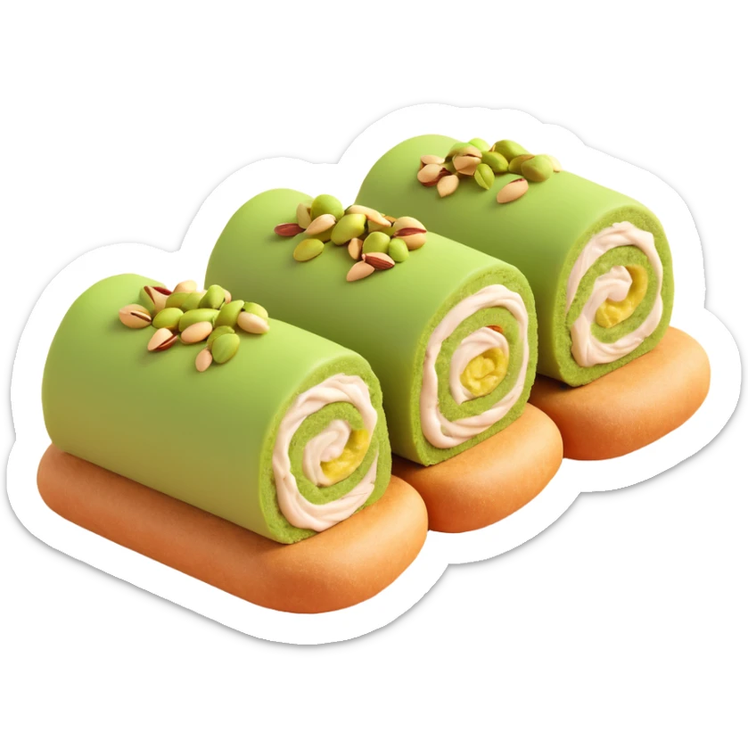 Halawet el Jibn, Middle Eastern dessert roll with creamy filling and pistachio topping, white background sticker