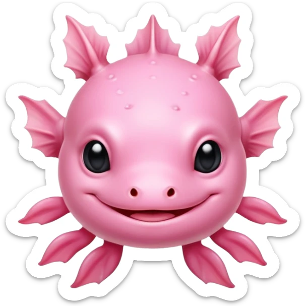 Pink axolotl with two sets of three small gills on each side of its head, a cute smile, and all black eyes sticker