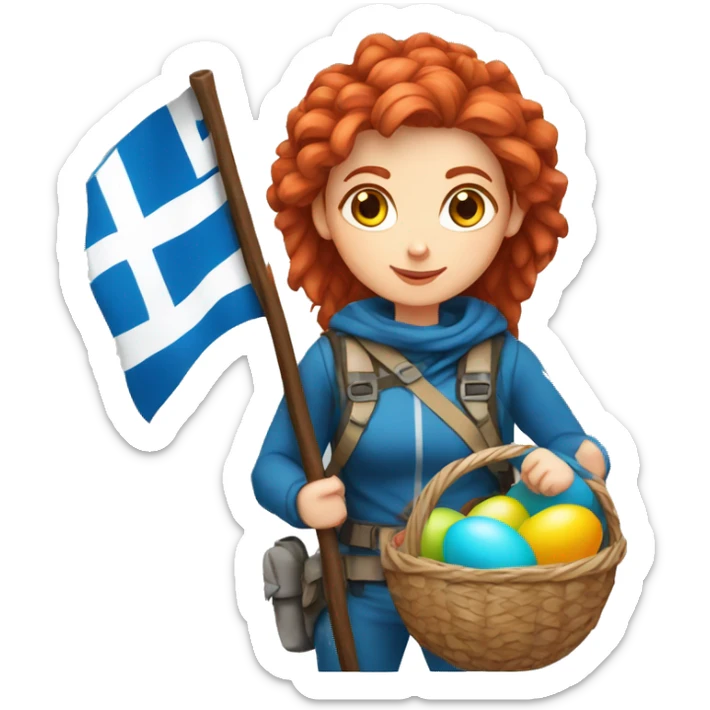 Greek Female winter mountaineer red hair white skin climbing with Greek Flag and Easter eggs basket sticker