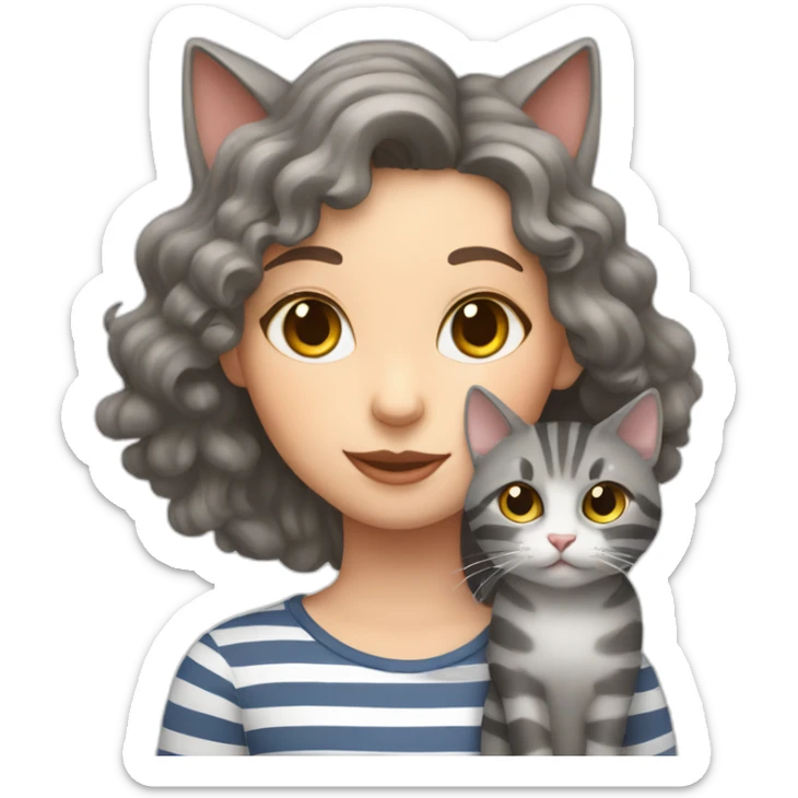 Grey cat with stripes sit near a girl with brown curly hair sticker