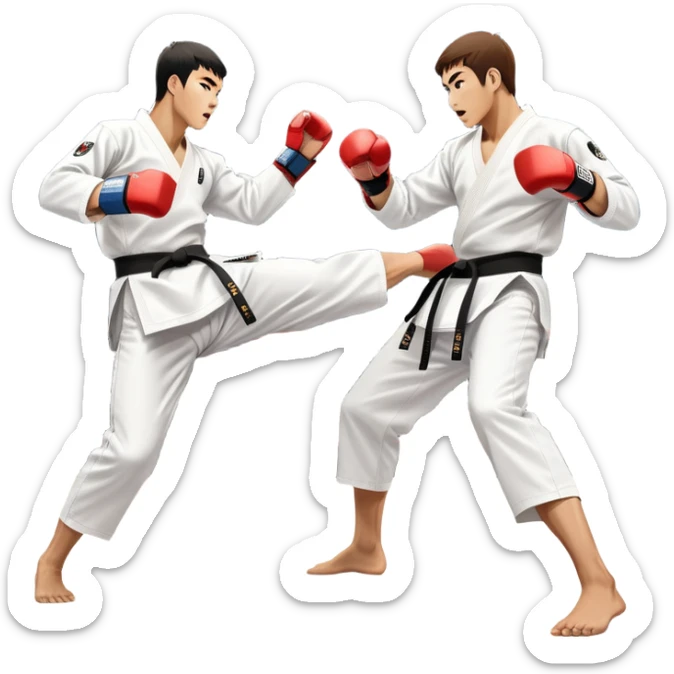 Two taekwondo fighters in traditional white doboks with black belts. One delivers a powerful kick, while the other defends by blocking with his knee. The background shows a professional arena with bright lights and an excited crowd. Transparent background highlights the intense action sticker