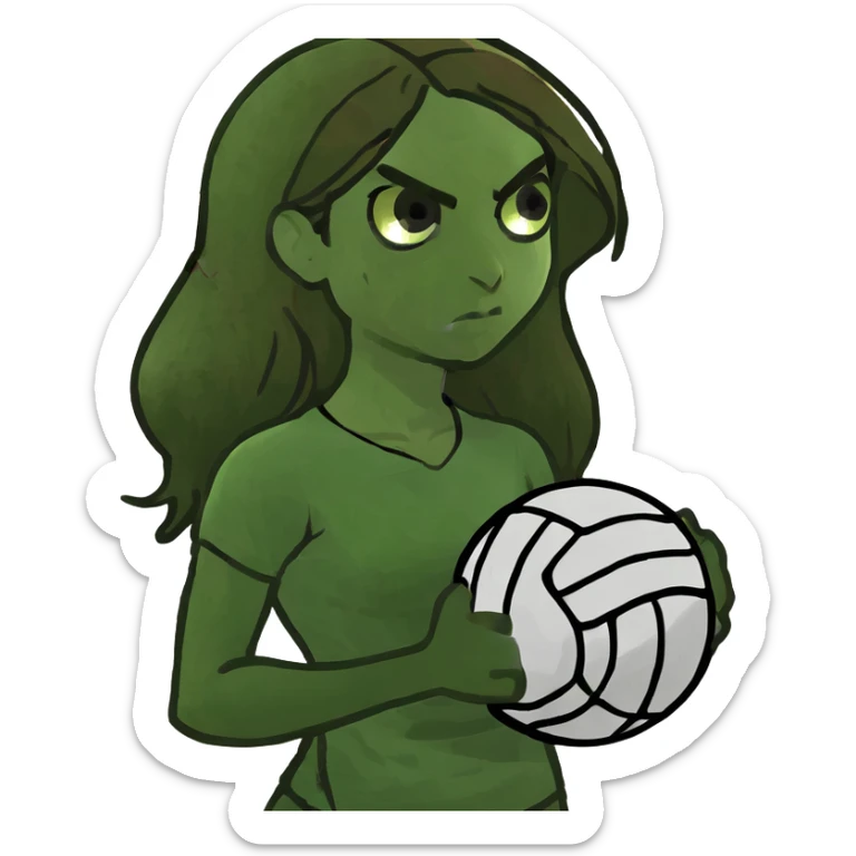 Angry girl who’s 10 has freckles long brown hair brown eyes and is holding a volleyball  sticker