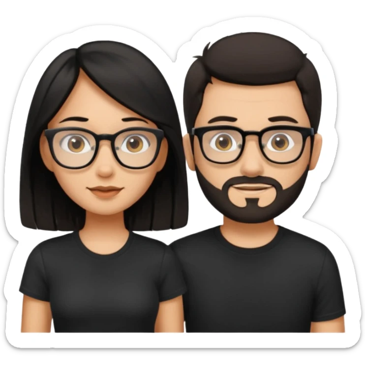 chico con gafas y barba corta moreno  camiseta negra al lado una chica pelo negro  largo piel blanca y camiseta rosa ojos marrones sticker