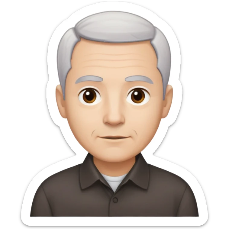 Head and shoulders portrait of Puerto Rican actor René Monclova. Round face with light skin tone. Short gray/white hair with receding hairline. Expressive dark brown eyes, thick eyebrows. Clean-shaven. Slight smile. Wearing a dark collared shirt. sticker